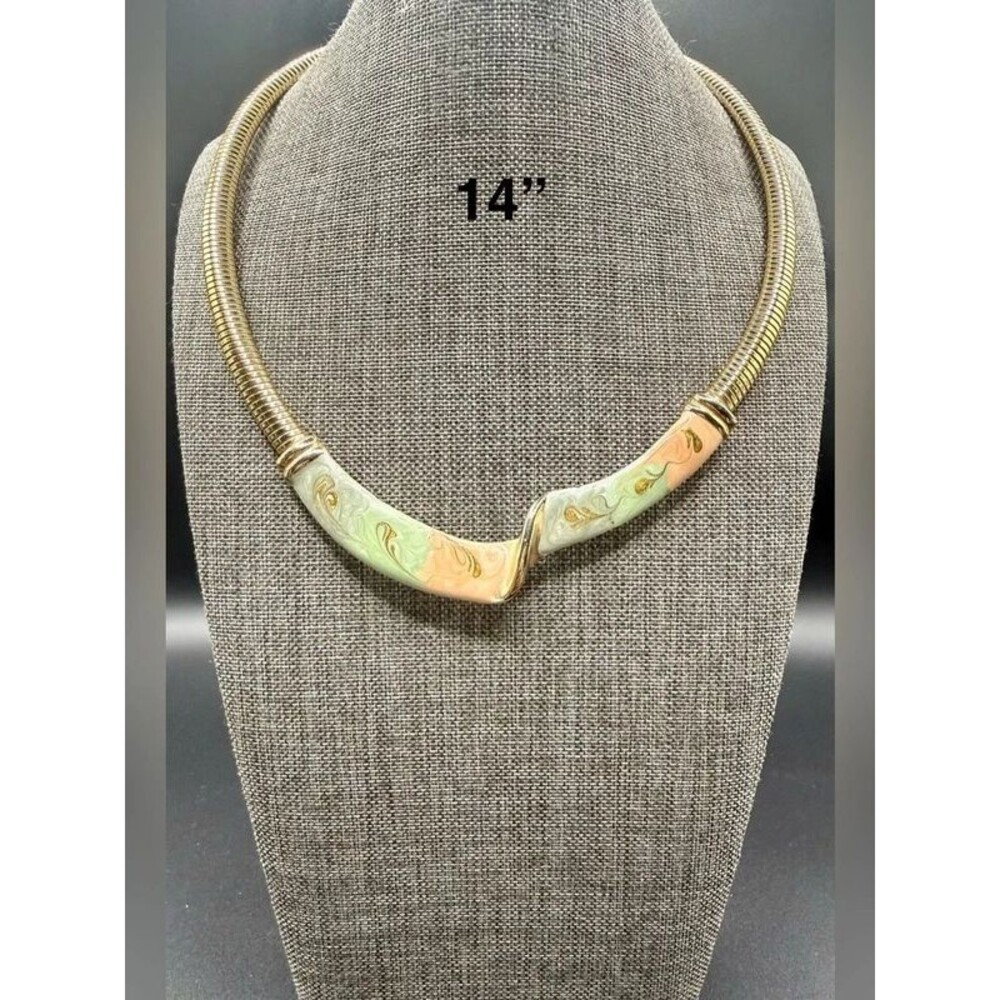 Trifari Gold-Tone Collar Necklace with Green and Peach Marbled Accents
